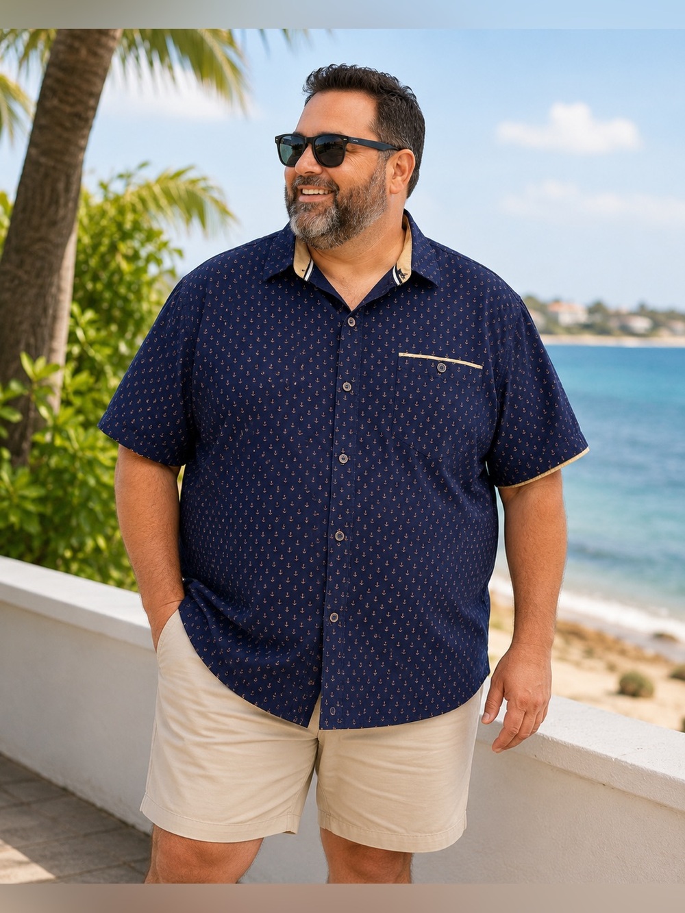 Voyage Craft + Flow Men’s 3XL Navy Anchor Print Short Sleeve Button Shirt Cotton